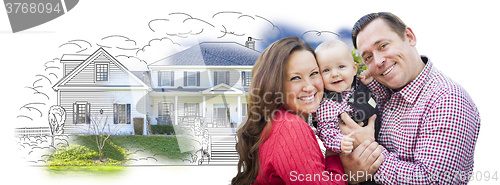 Image of Young Family Over House Drawing and Photo on White