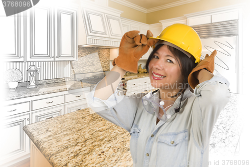 Image of Hispanic Woman in Hard Hat with Kitchen Drawing and Photo