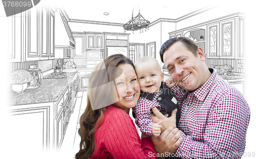 Image of Young Family Over Custom Kitchen and Design Drawing 