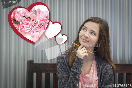 Image of Daydreaming Girl Next To Floating Hearts with Pink Roses