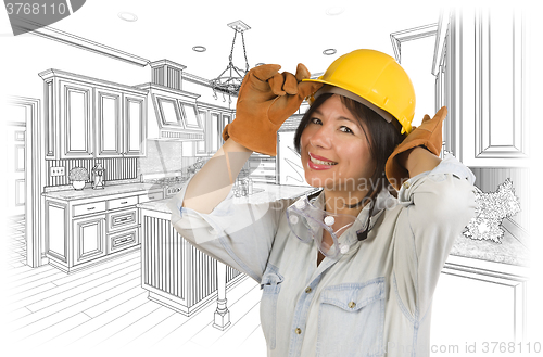 Image of Hispanic Woman in Hard Hat with Kitchen Drawing Behind