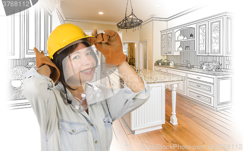 Image of Hispanic Woman in Hard Hat with Kitchen Drawing and Photo