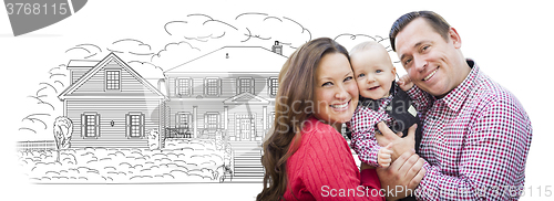 Image of Young Family With Baby Over House Drawing on White