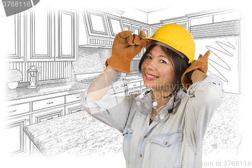 Image of Hispanic Woman in Hard Hat with Kitchen Drawing Behind