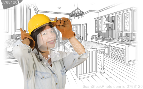 Image of Hispanic Woman in Hard Hat with Kitchen Drawing Behind