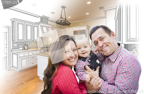 Image of Young Family Over Custom Kitchen Design Drawing and Photo Combin