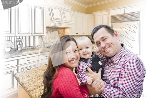 Image of Young Family Over Custom Kitchen Design Drawing and Photo Combin