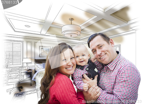 Image of Young Family With Baby Over Bedroom Drawing and Photo