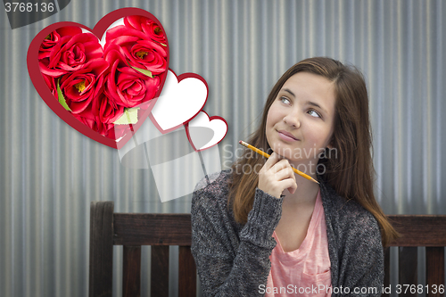 Image of Daydreaming Girl Next To Floating Hearts with Red Roses