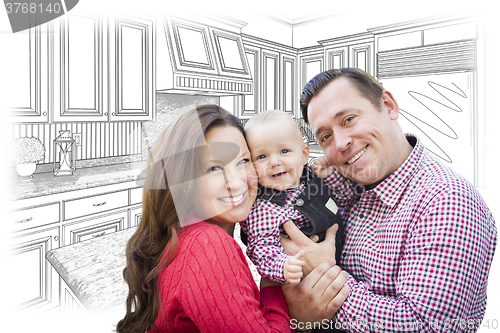 Image of Young Family Over Custom Kitchen and Design Drawing 