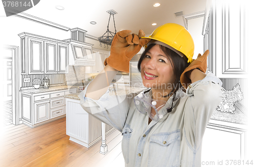 Image of Hispanic Woman in Hard Hat with Kitchen Drawing and Photo