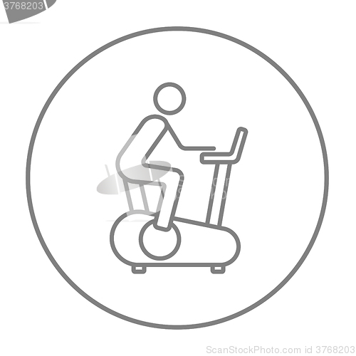 Image of Man training on exercise bike line icon.