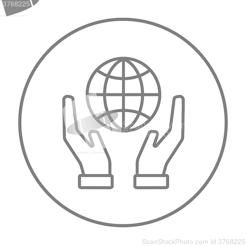 Image of Two hands holding globe line icon.