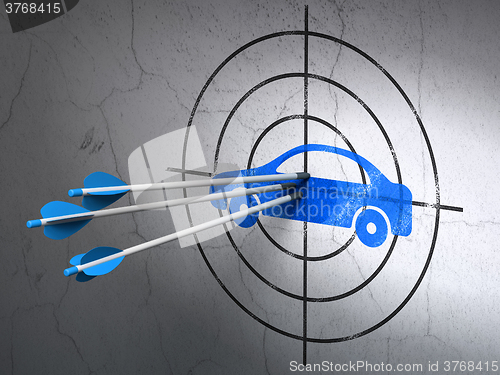 Image of Travel concept: arrows in Car target on wall background