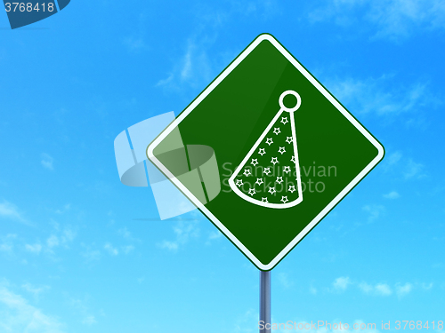 Image of Entertainment, concept: Party Hat on road sign background