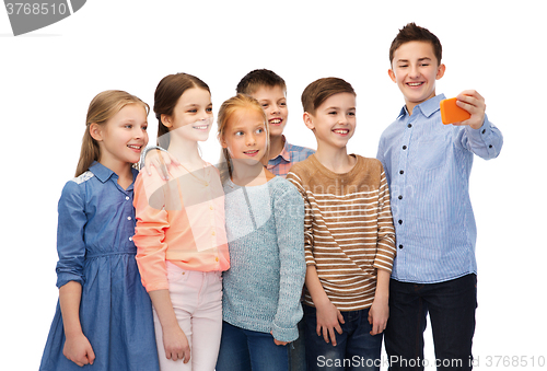 Image of happy children talking selfie by smartphone