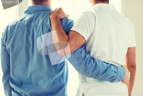 Image of close up of happy male gay couple hugging