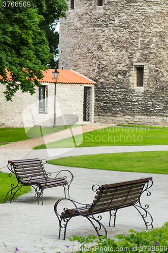 Image of Graceful bench in a park in Tallinn, close-up