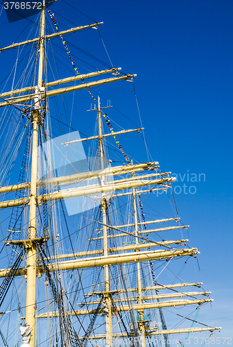 Image of Mast with sails of an old sailing vessel