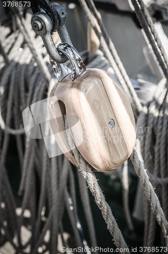 Image of Blocks and rigging at the old sailboat, close-up