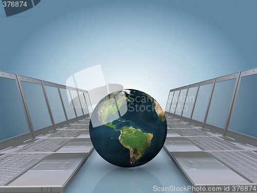 Image of Laptop corridor with Earth globe