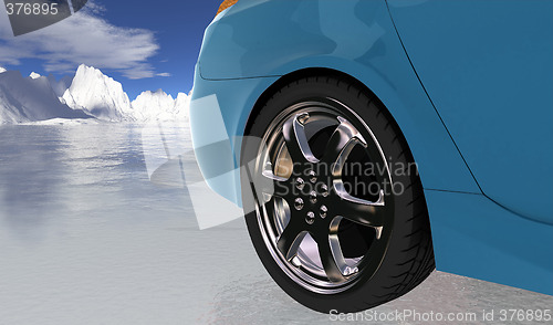 Image of Blue sport car on thin ice , rear wheel