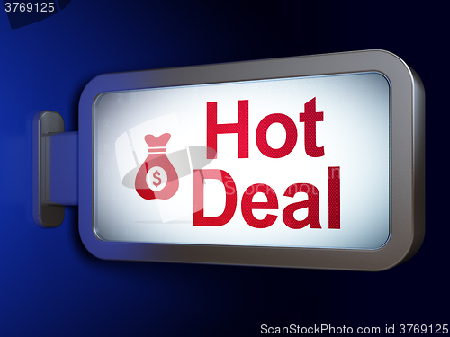 Image of Finance concept: Hot Deal and Money Bag on billboard background