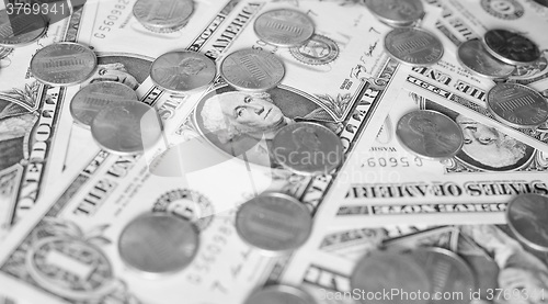 Image of Black and white Dollar coins and notes