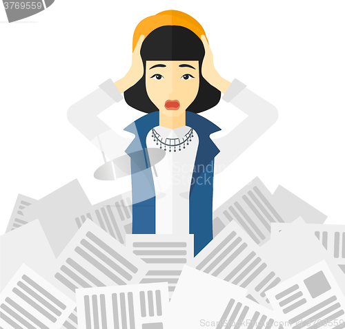 Image of Woman in stack of newspapers.