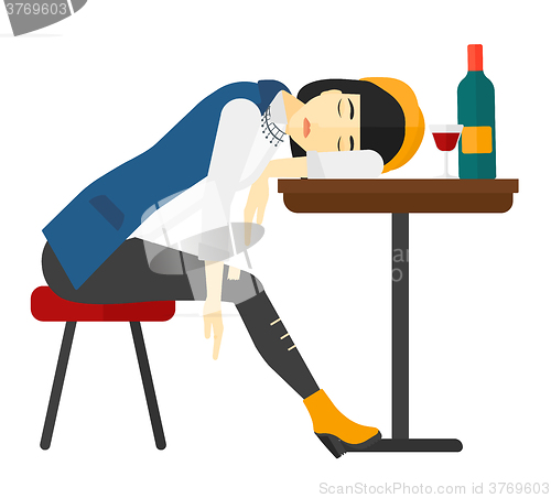 Image of Woman sleeping in bar. 