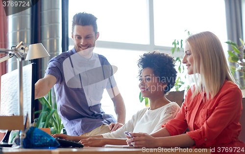 Image of happy creative team with computer in office