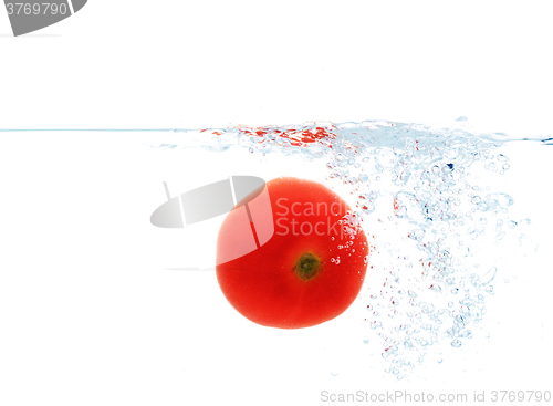 Image of tomato falling or dipping in water with splash