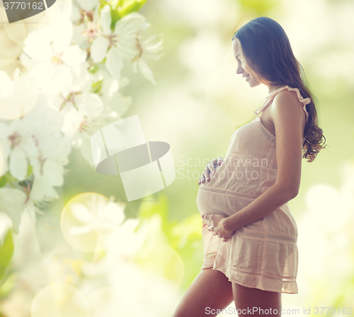 Image of happy pregnant woman in chemise