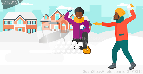 Image of Men playing in snowballs.