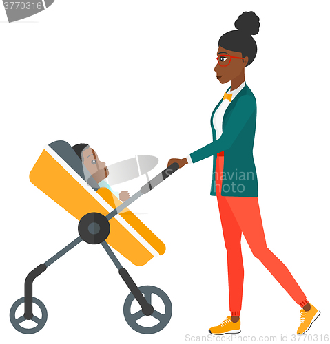 Image of Woman pushing pram.