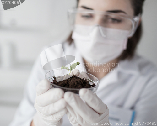 Image of close up of scientist with plant and soil in lab