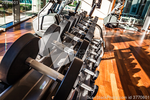 Image of Dumbbells in the gym. Gym interior with equipment