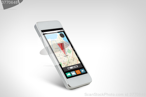 Image of white smarthphone with gps navigator map on screen