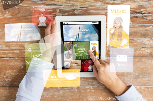 Image of close up of hands with news app on tablet pc