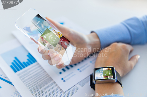 Image of close up of hands with smart phone and watch