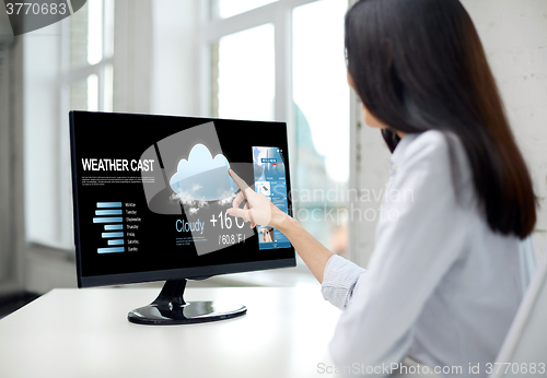 Image of close up of woman with weather cast on computer