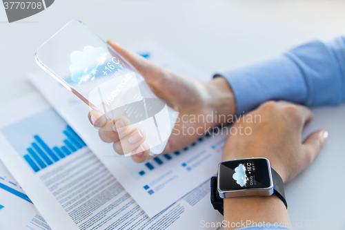 Image of hand with weather app on smartphone and smartwatch