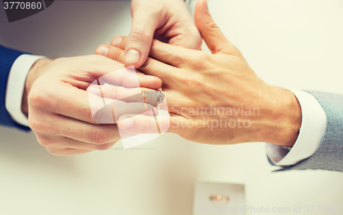 Image of close up of male gay couple hands and wedding ring