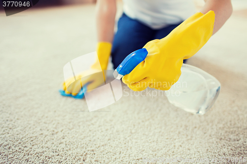 Image of close up of woman with cloth cleaning carpet