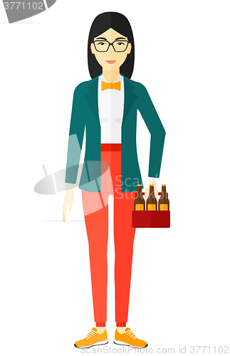 Image of Woman with pack of beer.