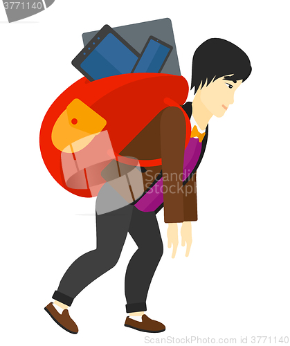 Image of Man with backpack full of devices.