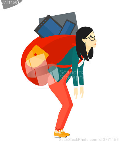 Image of Woman with backpack full of devices.