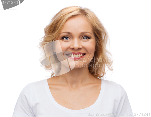 Image of smiling woman in blank white t-shirt