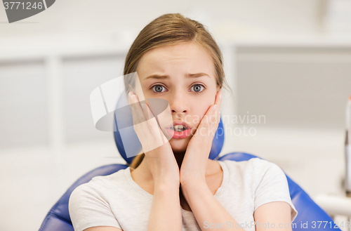 Image of scared and terrified patient girl at dental clinic