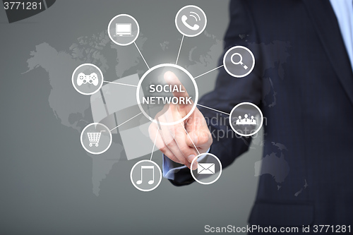 Image of business, technology, internet and networking concept - businessman pressing button with Social Network on virtual screens. 